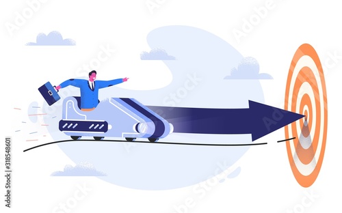 Business man in suit with case riding a roller coaster with arrow to the goal. Entrepreneur going to his aim.
