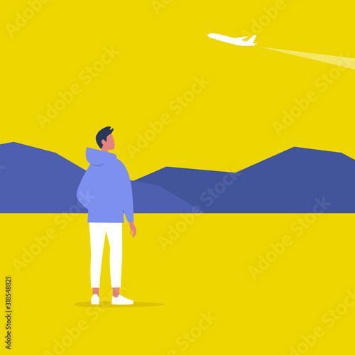 Young male character spotting a plane, outdoor leisure, modern lifestyle
