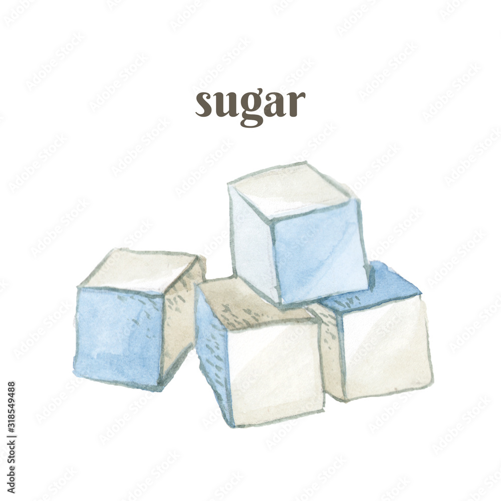 Lump sugar. Watercolor hand drawn illustration isolated on white background. Lump sugar. Watercolor hand drawn illustration isolated on white background.