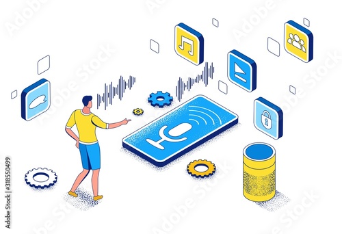 Voice control isometric 3d illustration, man recording audio message on mobile phone using smart speaker, modern communication concept, speech recognition, identification application, ai technolodgy photo