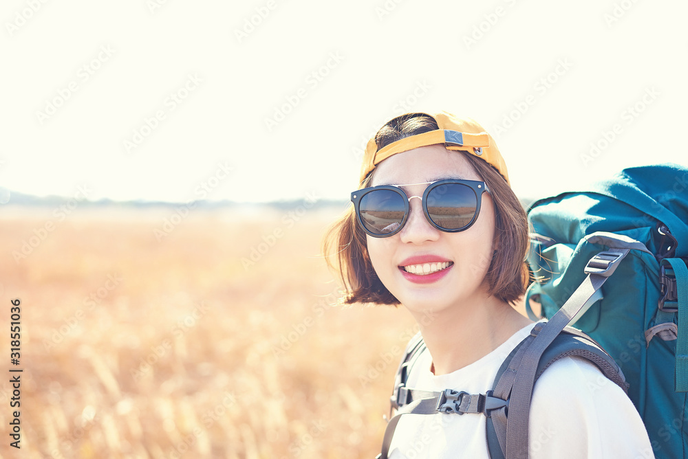 Korean woman is backpacking on an island in Korea. Korean woman is backpacking on an island in Korea.