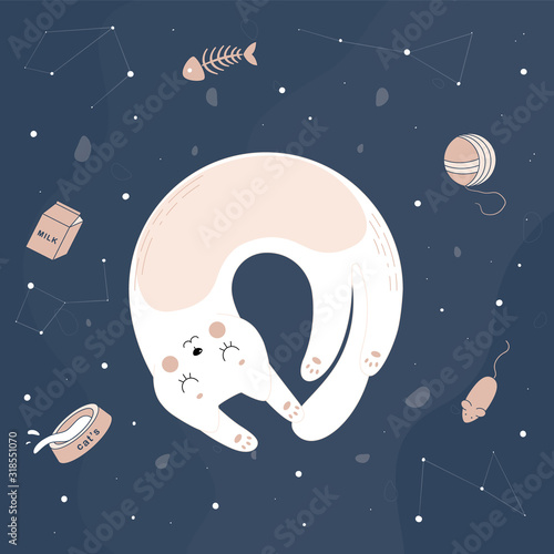 Dreaming cat in space. The cat is beyond consciousness. Vector illustration. photo