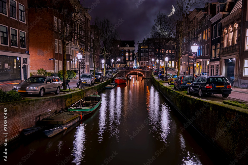 City scenic from Amsterdam in the Netherlands at night