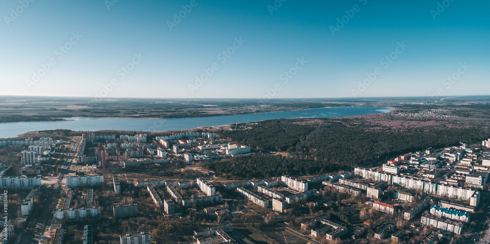 panorma landscape of the city and reservoir, clear sunny day