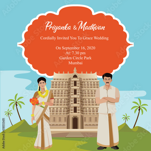 indian kerala wedding card invitation design template with temple vector
