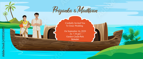 indian kerala wedding card invitation design template with boat house vector