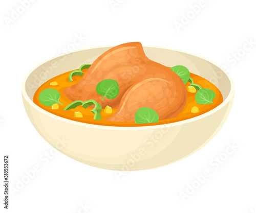 Soup with Chicken Leg and Greenery Served in Deep Bowl Vector Illustration