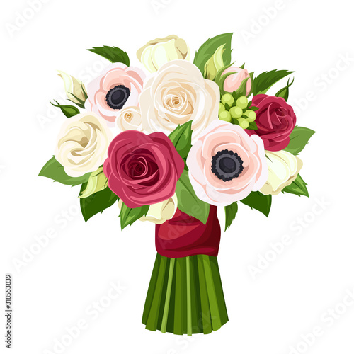 Vector bouquet of red, pink and white roses, lisianthuses and anemone flowers.
