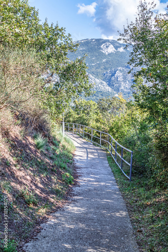 Ecological path in the mountains for walking  trekking. Healthy lifestyle concept. Vertical landscape.