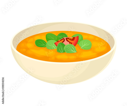 Thick Pea Soup with Spinach Served in Deep Bowl Vector Illustration