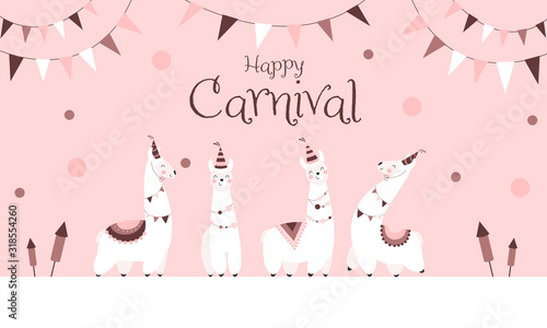 Happy Carnival - Süße abstrakte Lamas feiern Karneval, rosa Hintergrund, Banner	
