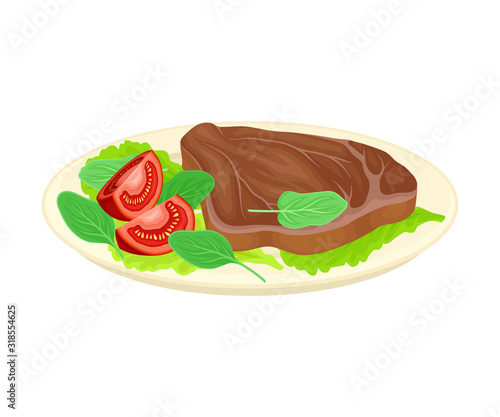 Beef Steak with Greenery Served on Plate Vector Illustration