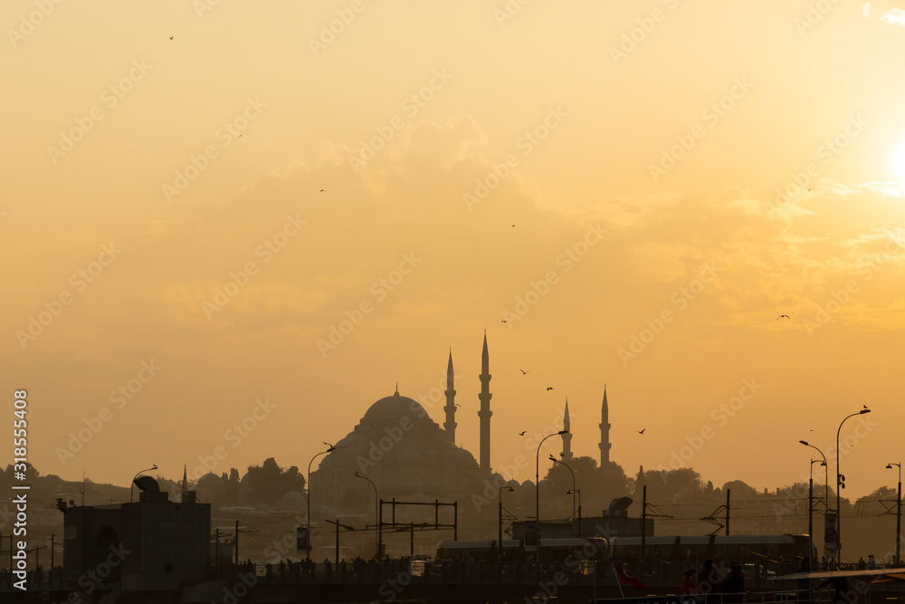 Silhouetted skyline of Istanbul at sunset