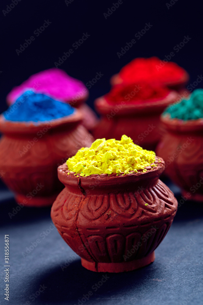 Indian Festival Holi, Color in wooden bowl Indian Festival Holi, Color in wooden bowl