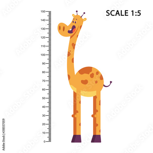 Kids meter wall with a cute cartoon giraffe and measuring ruler vector illustration isolated on a white background.