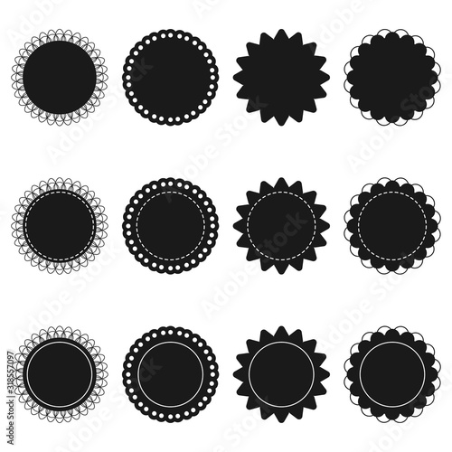 Circle badges and frame with scalloped edge black silhouette vector set isolated on a white background.