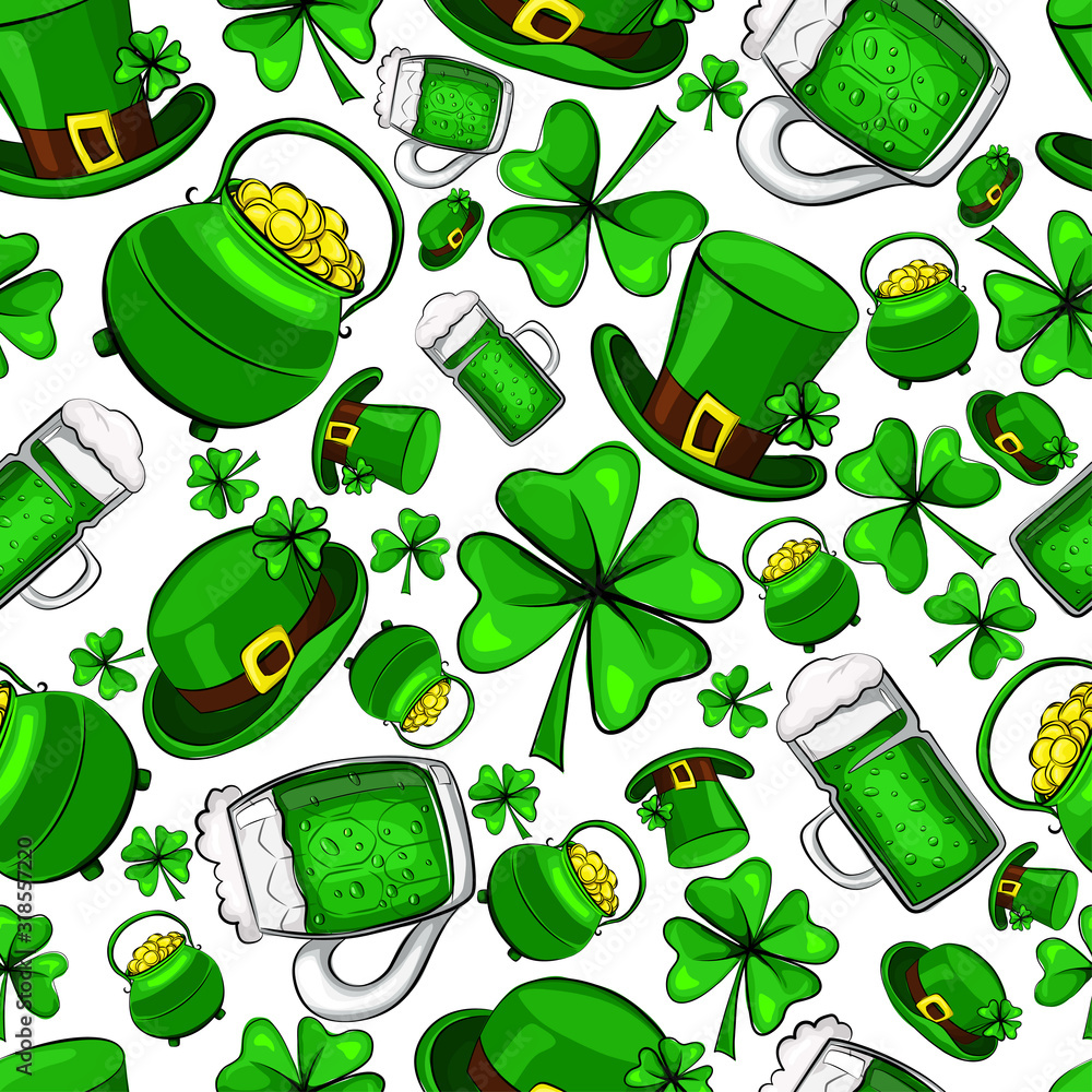 St. Patrick's Day vector seamless pattern on a white background. Stock ...