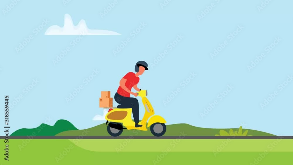 Food service. Fast and free delivery by scooter. Animation cartoon illustration. Food service. Fast and free delivery by scooter. Animation cartoon illustration.