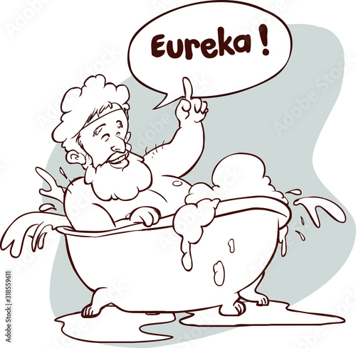 Vector illustration of a Archimedes in bath. Thumbs up eureka. ancient greek mathematician, physicist.