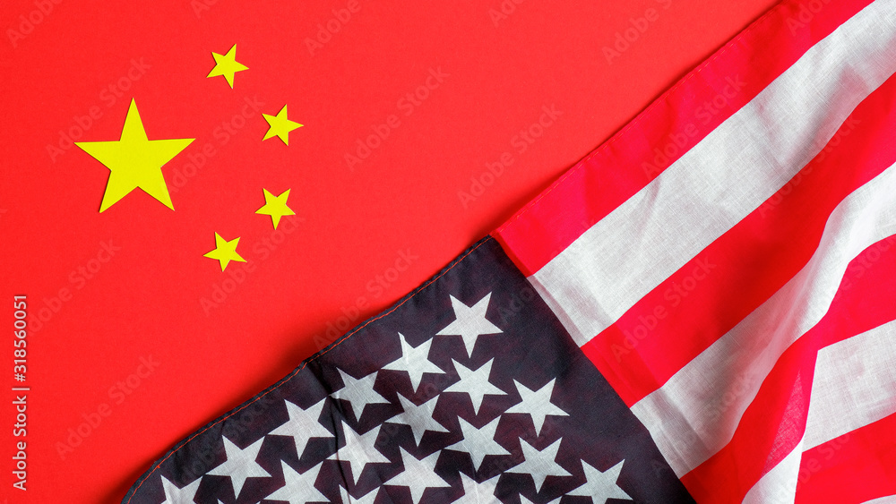 Fototapeta premium Flags of China and United States of America comparison. USA and China trade war, economic conflict concept.