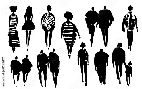 Vector silhouettes of people drawn by brush. Brush strokes in the form of black silhouettes of people
