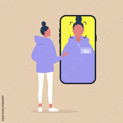 Identification, access and safety, face recognition technology, Millennial female character looking at the mobile phone camera