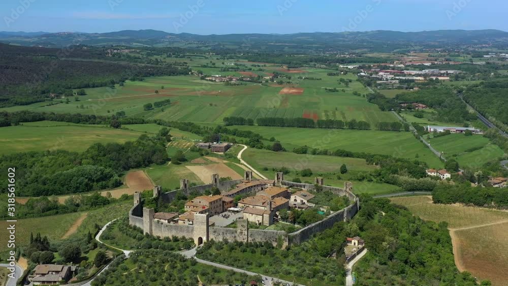 Italy, Tuscany, Val d'Elsa, Monteriggioni. Aerial view of the circular walled fortified historic village Italy, Tuscany, Val d'Elsa, Monteriggioni. Aerial view of the circular walled fortified historic village
