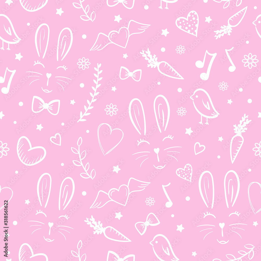 Cute Easter Seamless Pattern with Rabbits, Birds, Leaves and Floral elements on pink background. Vector Line illustration. Funny Baby background. Spring seamless pattern
