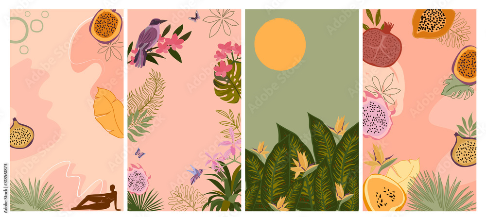 Set of various abstract vertical background for mobile app and social media content with fruit, abstract shape, tropical plant and female body silhouette in minimalistic style. Vector illustration