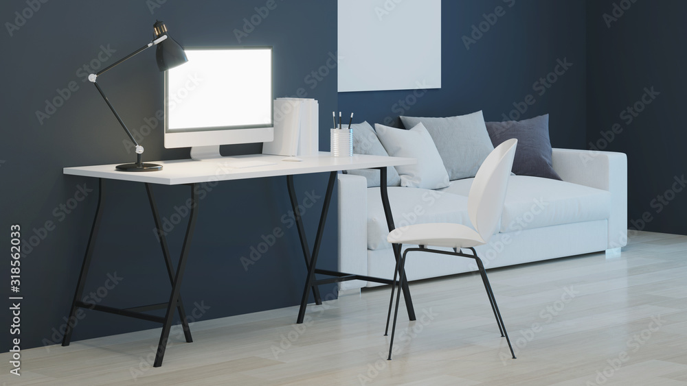 © artemp1 - Workplace. Office furniture. Night. Evening lighting. 3D rendering. © artemp1 - Workplace. Office furniture. Night. Evening lighting. 3D rendering.