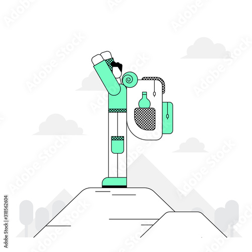 Tourist with a backpack. Traveler, guide, explorer stands on the top of the mountain. Conqueror of the peaks. The concept of camping, adventure, travel. Modern vector illustration in line flat style.