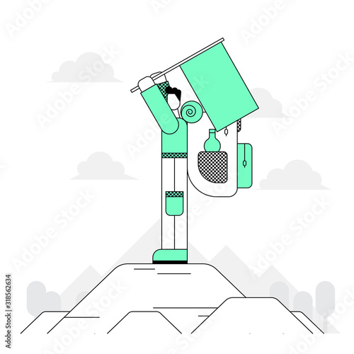 Tourist with a backpack and a flag. Traveler, guide, explorer stands on the top of the mountain. Conqueror of the peaks. The concept of camping, adventure. Vector illustration in line flat style.