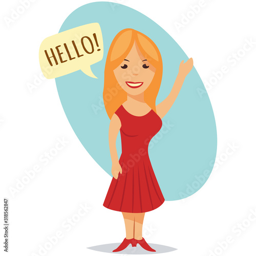 Cute blonde girl in a red dress is waving her hand and a speech bubble with the word "Hello!". Vector cartoon illustration isolated on white background.