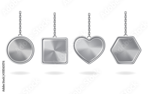 Keychains set. Metal round, square, heart and hexagon shaped keyring holders isolated on white background. Silver colored accessories pendant mock up. Realistic 3d vector illustration, icon, clip art