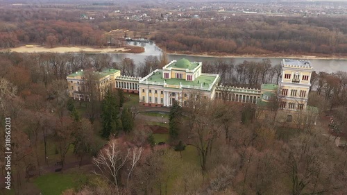 Wallpaper Mural Palace of the Rumyantsevs, Gomel, Belarus. View of the central part of the palace from a height. The camera moves from right to left. The shooting height is 100 meters above the park.  Torontodigital.ca