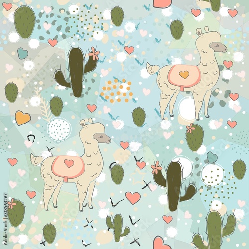 Seamless Alpaca Pattern with cacti