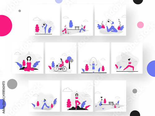 Cartoon Young Girl and Boy doing Exercise in Different Poses.