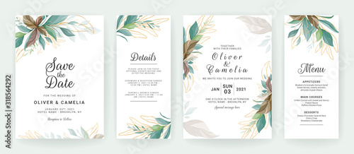 Set of cards with greenery decoration. Floral wedding invitation template design of tropical and glitter leaves. Botanic illustration for save the date, details, menu, event, cover, poster vector
