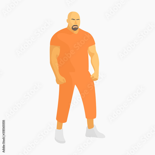 Big bald muscular prisoner. Convicted man. Male criminal arrested. Gangster in prison. Big guy with muscles. Killer man in jail. Jailhouse inmate. Jail uniform - Flat vector character illustration.