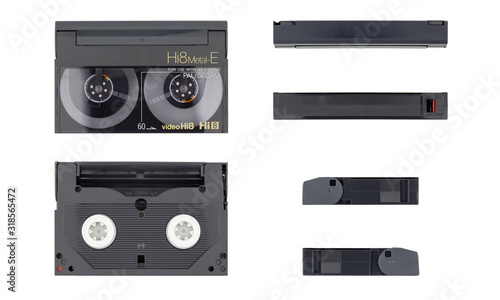 Collage of 6 photos of video cassettes (Hi8) from different sides. Isolated on white background.