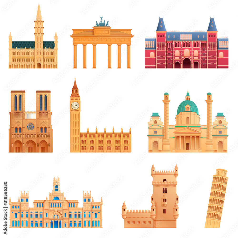 set of detailed buildings landmarks of western europe, vector illustration