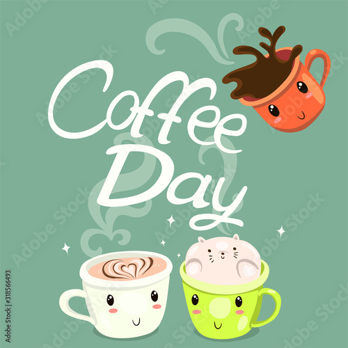 Coffee mugs with faces on a green background. Vector graphics.