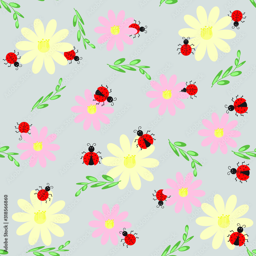 Seamless floral pattern with green leaves and ladybugs, background for printing, fabrics