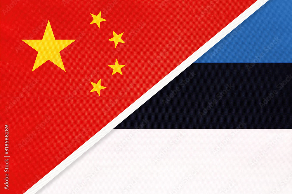 China or PRC vs Estonia national flag from textile. Relationship between asian and european countries. China or PRC vs Estonia national flag from textile. Relationship between asian and european countries.