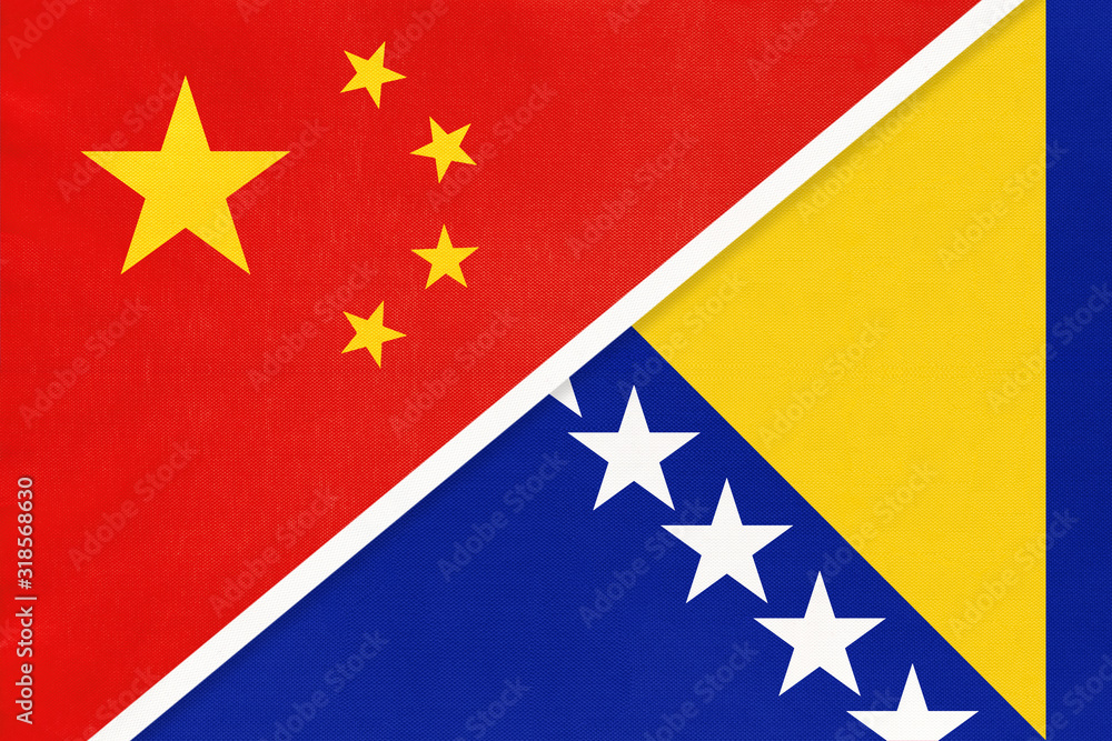 China or PRC vs Bosnia and Herzegovina national flag from textile. Relationship between asian and european countries. China or PRC vs Bosnia and Herzegovina national flag from textile. Relationship between asian and european countries.