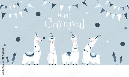 Happy Carnival - Süße abstrakte Lamas feiern Karneval, blauer Hintergrund, Banner