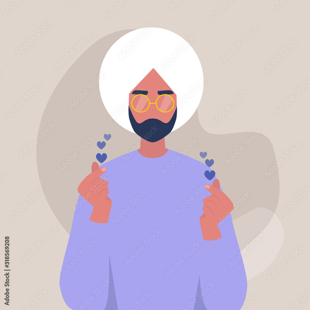 Young indian male character showing a finger heart sign, saint valentines day, symbols of love and friendship Young indian male character showing a finger heart sign, saint valentines day, symbols of love and friendship
