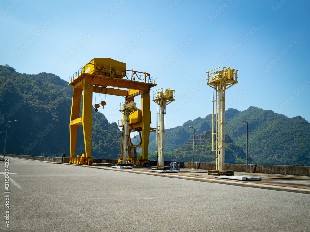 Special lifting equipment crane that open and close the dam gate Stock