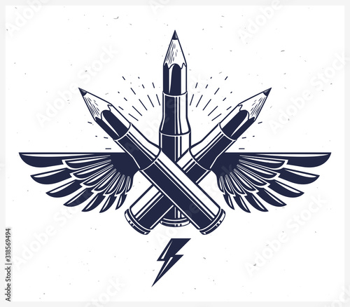 Idea is a weapon concept, weapon of a designer or artist allegory shown as a winged firearm cartridge cases with pencils instead of bullet, creative power, vector logo or icon.