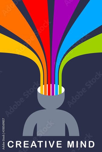 Creative mind brain vector concept in flat trendy design style, colorful rainbow stripes goes out of man head symbolizes creative ideas and thinking, artist designer or writer author.
